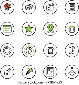 line vector icon set - globe vector, dollar, credit card, calculator, website, star, map pin, trash bin, standby, t shirt, bezier, wireless home, screw, game console, wirligig toy