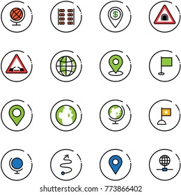 line vector icon set - globe vector, plane seats, dollar pin, tunnel road sign, drawbridge, map, flag, trip, navigation