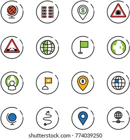 line vector icon set - globe vector, plane seats, dollar pin, tunnel road sign, drawbridge, flag, man, atm map, trip, navigation