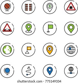 line vector icon set - globe vector, plane seats, dollar pin, tunnel road sign, drawbridge, map, flag, atm, trip, navigation
