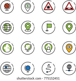 line vector icon set - globe vector, dollar pin, tunnel road sign, drawbridge, map, flag, man, atm, trip