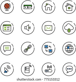 line vector icon set - globe vector, cash, home, website, low volume, mail, download cloud, chat, link, data exchange, satellite antenna, server wireless, wi fi router