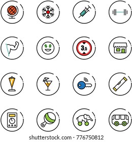 line vector icon set - globe vector, snowflake, syringe, barbell, power hand, dollar smile, limited height road sign, store, pennant, drink, wireless key, level, multimeter, beanbag, elephant wheel