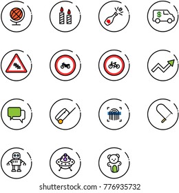 line vector icon set - globe vector, candle, champagne, encashment car, multi lane traffic road sign, no moto, bike, growth arrow, dialog, suitcase, fingerprint scanner, fretsaw, robot, ufo toy