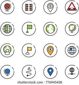 line vector icon set - globe vector, plane seats, dollar pin, drawbridge road sign, flag, man, atm map, trip, navigation