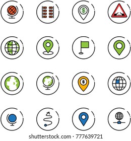 line vector icon set - globe vector, plane seats, dollar pin, drawbridge road sign, map, flag, atm, trip, navigation