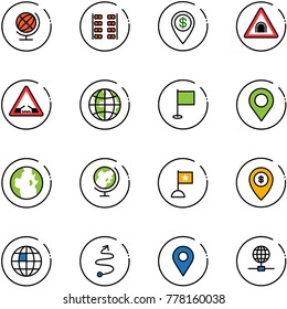 line vector icon set - globe vector, plane seats, dollar pin, tunnel road sign, drawbridge, flag, map, atm, trip, navigation