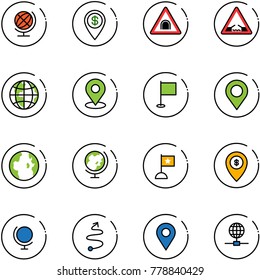 line vector icon set - globe vector, dollar pin, tunnel road sign, drawbridge, map, flag, atm, trip, navigation