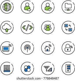 line vector icon set - globe vector, user login, check, network folder, upload cloud, tag code, group, data exchange, notebook wi fi, antenna, wireless home, lock, binary, atom core, fine signal