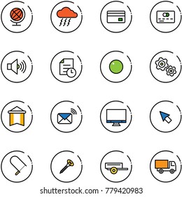 line vector icon set - globe vector, storm, credit card, volume max, history, record, gears, pennant, wireless mail, monitor, cursor, fretsaw, screw, trailer, truck toy