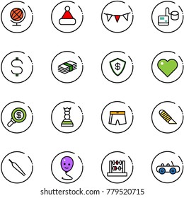 line vector icon set - globe vector, christmas hat, flag garland, tonometer, dollar sign, safe, heart, search money, chess queen, swimsuit, work knife, forceps, balloon smile, abacus, toy car