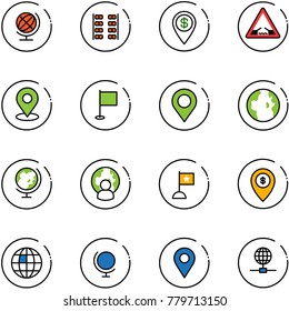 line vector icon set - globe vector, plane seats, dollar pin, drawbridge road sign, map, flag, man, atm, navigation