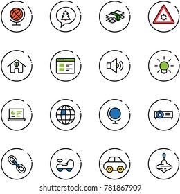 line vector icon set - globe vector, merry christmas message, dollar, round motion road sign, home, website, volume medium, bulb, statistics monitor, projector, link, baby car, wirligig toy