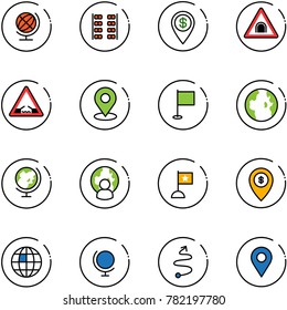 line vector icon set - globe vector, plane seats, dollar pin, tunnel road sign, drawbridge, map, flag, man, atm, trip, navigation