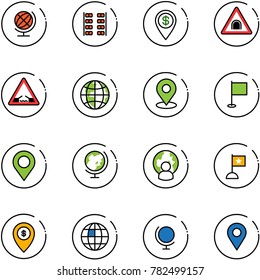 line vector icon set - globe vector, plane seats, dollar pin, tunnel road sign, drawbridge, map, flag, man, atm, navigation