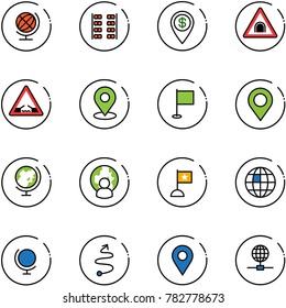 line vector icon set - globe vector, plane seats, dollar pin, tunnel road sign, drawbridge, map, flag, man, trip, navigation