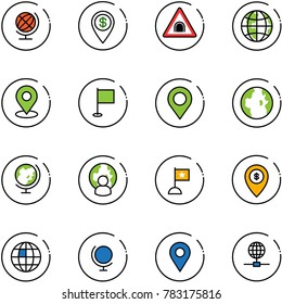 line vector icon set - globe vector, dollar pin, tunnel road sign, map, flag, man, atm, navigation