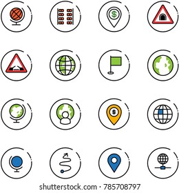 line vector icon set - globe vector, plane seats, dollar pin, tunnel road sign, drawbridge, flag, man, atm map, trip, navigation