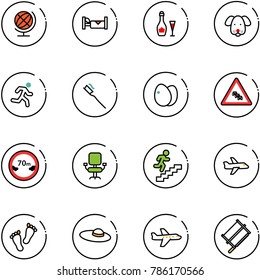 line vector icon set - globe vector, hotel, wine, dog, run, tooth brush, eggs, multi lane traffic road sign, limited distance, office chair, career, plane, feet, woman hat, bucksaw