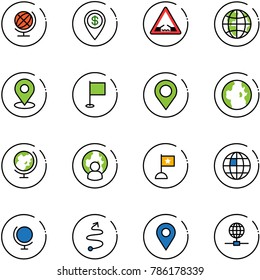 line vector icon set - globe vector, dollar pin, drawbridge road sign, map, flag, man, trip, navigation