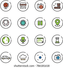line vector icon set - globe vector, duty free, camera, airport building, christmas wreath, sun, pause, map pin, office chair, schedule, chess tower, limousine, rain cloud, record button