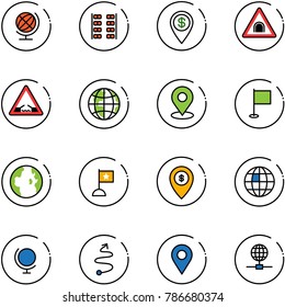 line vector icon set - globe vector, plane seats, dollar pin, tunnel road sign, drawbridge, map, flag, atm, trip, navigation