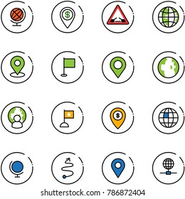 line vector icon set - globe vector, dollar pin, drawbridge road sign, map, flag, man, atm, trip, navigation