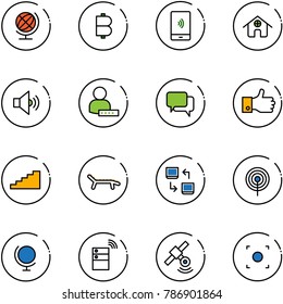 line vector icon set - globe vector, bitcoin, mobile payment, home, volume medium, user password, dialog, finger up, stairs, lounger, data exchange, antenna, server wireless, satellite