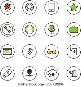 line vector icon set - globe vector, christmas wreath, phone, star, horn, office chair, case, schedule, flying man, sunglasses, power bank, usb wi fi, cloud exchange data, oil derrick