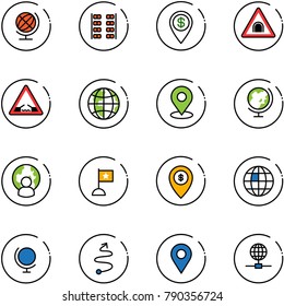 line vector icon set - globe vector, plane seats, dollar pin, tunnel road sign, drawbridge, map, man, flag, atm, trip, navigation