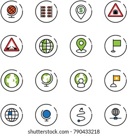 line vector icon set - globe vector, plane seats, dollar pin, tunnel road sign, drawbridge, map, flag, man, trip