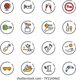 line vector icon set - globe vector, hotel, wine glasses, no truck overtake road sign, key, win, hand, fizz opening, palm, feet, waves, skateboard, cruiser, oil derrick, boomerang