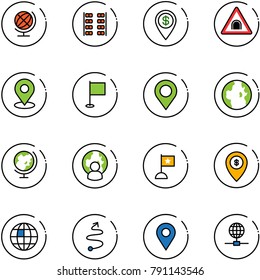 line vector icon set - globe vector, plane seats, dollar pin, tunnel road sign, map, flag, man, atm, trip, navigation