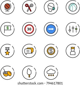 line vector icon set - globe vector, santa stick, medical mask, basketball ball, dollar flag, speed limit 30 road sign, only right, settings, star medal, dialog, king, coconut cocktail, ice cream