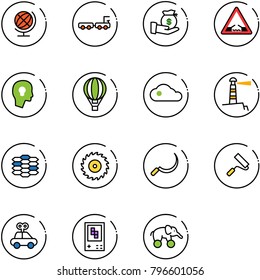 line vector icon set - globe vector, baggage truck, investment, drawbridge road sign, head bulb, air balloon, cloud, lighthouse, carbon, saw disk, sickle, paint roller, car toy, game console