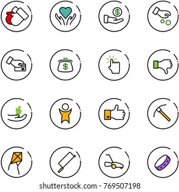 line vector icon set - gloves vector, heart care, investment, card pay, purse, hand touch, dislike, sproute, success, finger up, rock axe, kite, metal hacksaw, lawn mower, tambourine