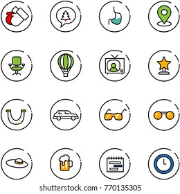 line vector icon set - gloves vector, merry christmas message, stomach, map pin, office chair, air balloon, tv news, award, luck, limousine, sunglasses, woman hat, beer, terms plan, clock