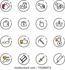 line vector icon set - gloves vector, investment, card pay, cash, wallet, purse, hand touch, basket, growth, finger up, rock axe, rich, key, bucksaw, clinch, metal hacksaw