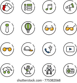 line vector icon set - gloves vector, menu, music, telescope, tie, air balloon, sunglasses, cap, phone, playback, elephant wheel, robot, radio
