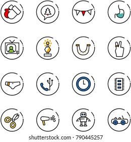 line vector icon set - gloves vector, merry christmas message, flag garland, stomach, tv news, award, luck, victory, swimsuit, phone, clock, chip, scissors, dryer, robot, toy car