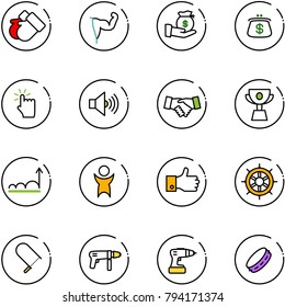 line vector icon set - gloves vector, power hand, investment, purse, touch, volume max, agreement, cup, growth, success, finger up, wheel, fretsaw, drill machine, tambourine