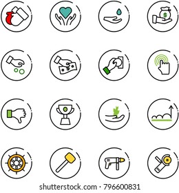 line vector icon set - gloves vector, heart care, drop hand, investment, cash pay, cursor, dislike, cup, sproute, growth, wheel, rubber hammer, drill machine, Angular grinder