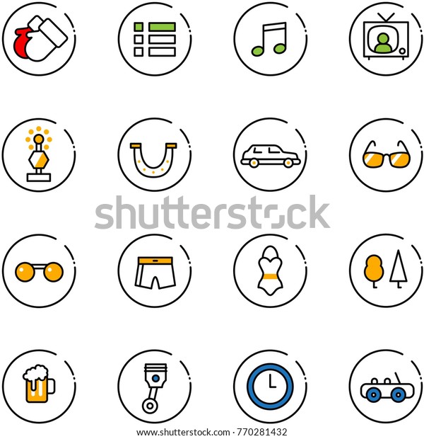 line vector icon set - gloves vector, menu, music, tv\
news, award, luck, limousine, sunglasses, swimsuit, forest, beer,\
piston, clock, toy car