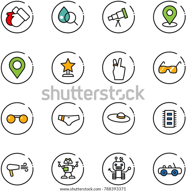 line vector icon set - gloves vector,\
blood test, telescope, map pin, award, victory, sunglasses,\
swimsuit, woman hat, chip, dryer, robot, toy\
car