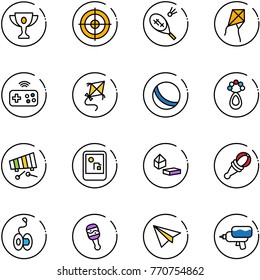 line vector icon set - gold cup vector, target, badminton, kite, joystick wireless, ball, beanbag, xylophone, game console, constructor blocks, yoyo, paper plane, water gun