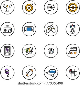 line vector icon set - gold cup vector, target, solution, joystick wireless, game console, beanbag, xylophone, cube toy, train, football, water gun, Tic tac toe