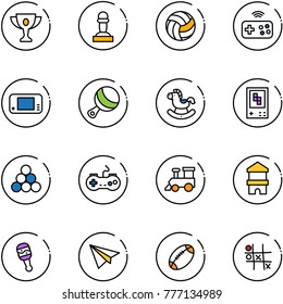 line vector icon set - gold cup vector, pawn, volleyball, joystick wireless, game console, beanbag, rocking horse, billiards balls, gamepad, toy train, block house, paper plane, football