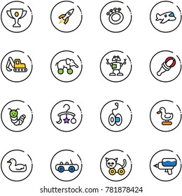 line vector icon set - gold cup vector, rocket, beanbag, plane toy, excavator, elephant wheel, robot, caterpillar, baby carousel, yoyo, duck, car, cat, water gun