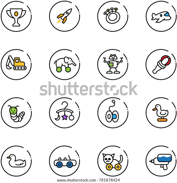 line vector icon set - gold cup\
vector, rocket, beanbag, plane toy, excavator, elephant wheel,\
robot, caterpillar, baby carousel, yoyo, duck, car, cat, water\
gun