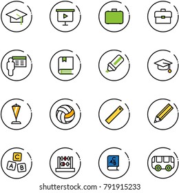 line vector icon set - graduate hat vector, presentation board, case, portfolio, book, highlight marker, pennant, volleyball, ruler, pencil, abc cube, abacus, toy bus